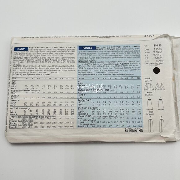 Butterick Donna Ricco 4187 Sewing Pattern Petite Top Skirt & Pants 12-14-16 - Picture 2 of 4